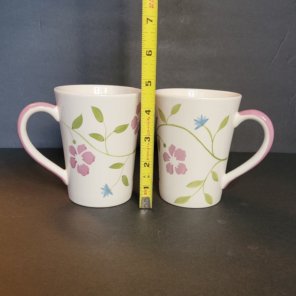 Lovely Handpainted Cream Floral Stoneware Mugs Set of 2 RARE - Picture 9 of 10